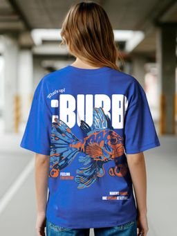 Bewakoof - Women's Blue Bubb Graphic Printed Oversized T-shirt