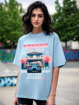 Bewakoof - Women's Chambray Blue Sakura Racing Graphic Printed Oversized T-shirt