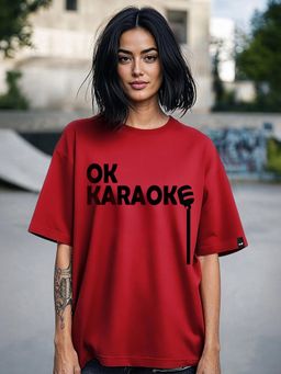 Bewakoof - Women's Bold Red OK Karaoke Typography Oversized T-shirt