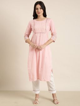 SHOWOFF - Women's Pink Straight Kurta with Pant (Set of 2)