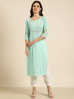SHOWOFFFF - Women's Green Straight Kurta with Pant (Set of 2)