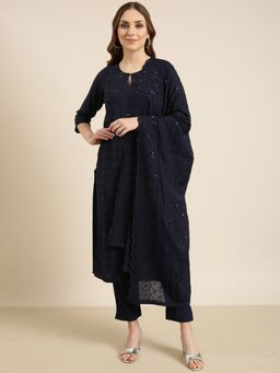 SHOWOFF - Women's Solid Navy Blue Straight Kurta with Pant and Dupatta (Set of 3)