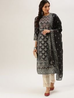 SHOWOFF - Women's Ethnic Motifs Grey Straight Kurta with Pant and Dupatta (Set of 3)