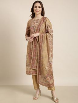 SHOWOFFFF - Women's Floral Beige Straight Kurta with Pant and Dupatta (Set of 3)