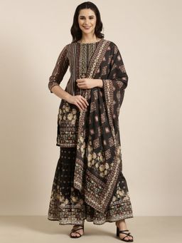 SHOWOFF - Women's Floral Olive Straight Kurti and Sharara and Dupatta (Set of 3)