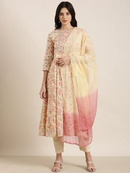 SHOWOFF - Women's Floral Cream Anarkali with Pant and Dupatta (Set of 3)
