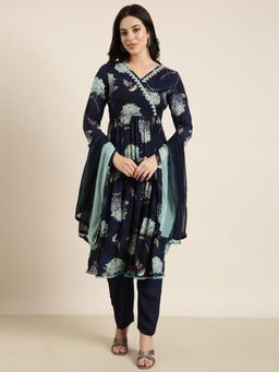 SHOWOFF - Women's Floral Navy Blue Anarkali with Pant and Dupatta (Set of 3)