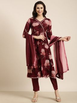 SHOWOFF - Women's Floral Maroon Anarkali with Pant and Dupatta (Set of 3)