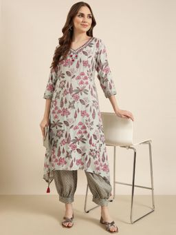 SHOWOFFFF - Women's Floral Grey A-Line Kurta with Salwar (Set of 2)