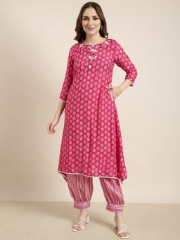 SHOWOFF - Women's Ethnic Motifs Pink A-Line Kurta with Salwar (Set of 2)