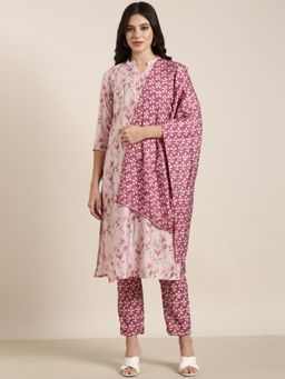 SHOWOFF - Women's Floral Pink Straight Kurta with Pant and Dupatta (Set of 3)