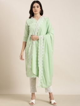 SHOWOFF - Women's Floral Green Straight Kurta with Pant and Dupatta (Set of 3)