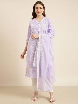 SHOWOFF - Women's Floral Lavender Straight Kurta with Pant and Dupatta (Set of 3)