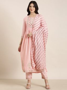 SHOWOFF - Women's Chevron Pink Straight Kurta with Pant and Dupatta (Set of 3)