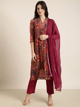SHOWOFF - Women's Floral Maroon Straight Kurta with Pant and Dupatta (Set of 3)