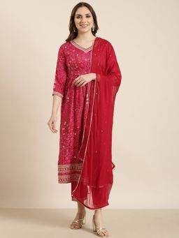 SHOWOFF - Women's Floral Pink A-Line Kurta with Pant and Dupatta (Set of 3)