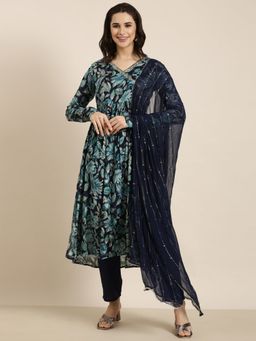 SHOWOFF - Women's Floral Blue Straight Kurta with Pant and Dupatta (Set of 3)