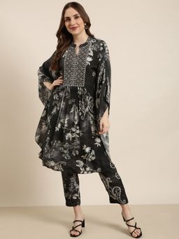 SHOWOFF - Women's Ethnic Motifs Black Kaftan and Pant (Set of 2)