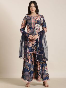 SHOWOFF - Women's Floral Navy Blue Straight Kurta with Palazzo and Dupatta (Set of 3)