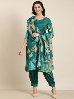 SHOWOFF - Women's Floral Teal Straight Kurta with Salwar Send Dupatta (Set of 3)