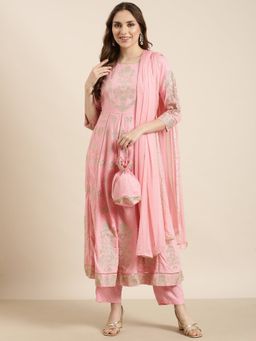 SHOWOFF - Women's Pink Anarkali with Pant and Dupatta (Set of 3)