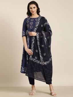 SHOWOFF - Women's Ethnic Motifs Navy Blue Anarkali with Pant and Dupatta (Set of 3)