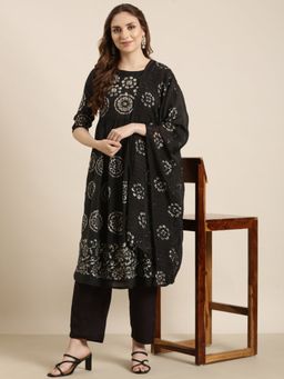 SHOWOFFFF - Women's Ethnic Motifs Black A-Line Kurta with Pant and Dupatta (Set of 3)