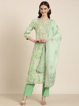SHOWOFFFF - Women's Floral Green Straight Kurta with Pant and Dupatta (Set of 3)