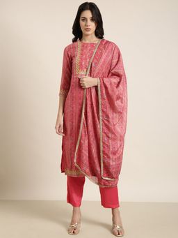 SHOWOFFFF - Women's Floral Pink Straight Kurta with Pant and Dupatta (Set of 3)