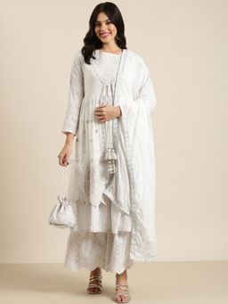 SHOWOFF - Women's Floral White Anarkali with Sharara, Jacket, Dupatta and Potli Bag (Set of 5)