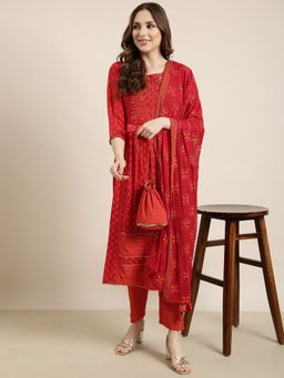 SHOWOFF - Women's Red A-Line Kurta with Pant, Dupatta and Potli Bag (Set of 4)