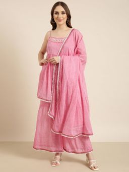 SHOWOFF - Women's Floral Pink Short Kurta with Sharara, Dupatta and Potli Bag (Set of 4)