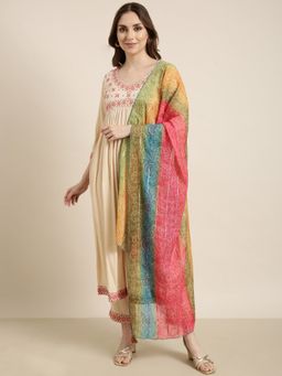 SHOWOFF - Women's Solid Beige Anarkali with Pant and Dupatta (Set of 3)