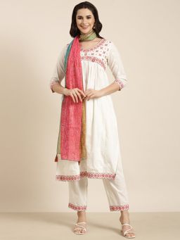 SHOWOFF - Women's Off White A-Line Kurta with Pant and Dupatta (Set of 3)