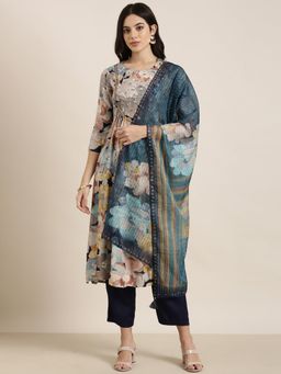 SHOWOFF - Women's Floral Multi-Colour Straight Kurta with Pant and Dupatta (Set of 3)