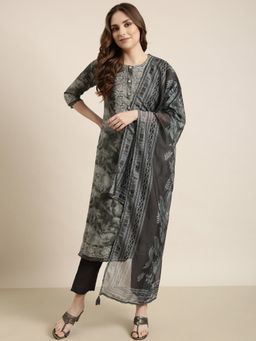 SHOWOFFFF - Women's Floral Grey Straight Kurta with Pant and Dupatta (Set of 3)
