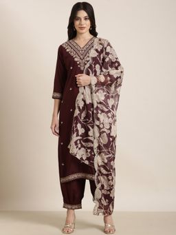 SHOWOFF - Women's Burgundy Straight Kurta with Salwar and Dupatta (Set of 3)