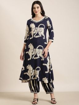 SHOWOFF - Women's Ethnic Motifs Navy Blue Straight Kurta with Salwar (Set of 2)