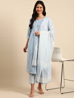 SHOWOFF - Women's Ethnic Motifs Blue Straight Kurta with Pant and Dupatta (Set of 3)