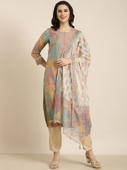 SHOWOFF - Multi-Colour Women's Striped Straight Kurta with Pant and Dupatta (Set of 3)