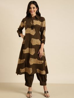 SHOWOFFFF - Women's Animal Print Brown Straight Kurta with Salwar (Set of 2)