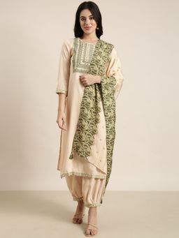 SHOWOFF - Women's Beige Straight Kurta with Salwar and Dupatta (Set of 3)