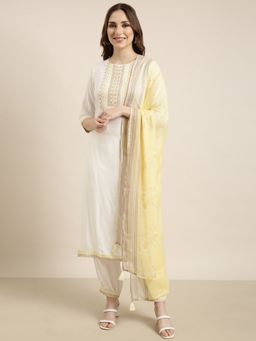 SHOWOFFFF - Women's Off White Straight Kurta with Salwar and Dupatta (Set of 3)