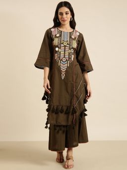 SHOWOFFFF - Women's Brown A-Line Kurta with Palazzo (Set of 2)