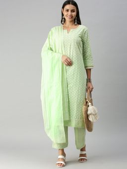 SHOWOFFFF - Women's Floral Green Straight Kurta with Pant and Dupatta (Set of 3)