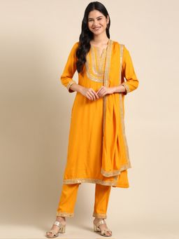 SHOWOFFFF - Women's Solid Yellow Straight Kurta with Pant and Dupatta (Set of 3)