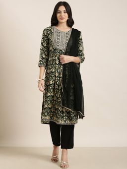 SHOWOFFFF - Women's Ethnic Motifs Green A-Line Kurta with Pant and Dupatta (Set of 3)