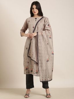 SHOWOFFFF - Taupe Women's Floral Straight Kurta with Pant and Dupatta (Set of 3)