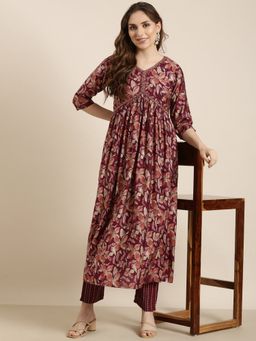 SHOWOFFFF - Women's Floral Purple Anarkali with Pant (Set of 2)