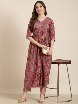 SHOWOFF - Women's Floral Pink Anarkali with Pant (Set of 2)